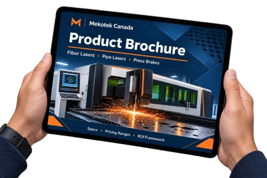 Mekotek Canada product brochure shown on a tablet with fiber laser, pipe laser and press brake specs